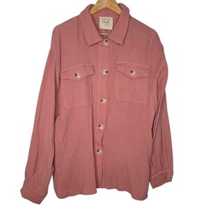 Fantastic Fawn Womens Boho Pink Cotton Gauze Button Front Shacket Size Large